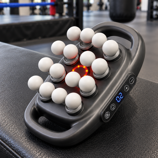 A handheld massage device with multiple white spherical massage nodes and a digital display, resting on a black leather gym bench with a blurred gym background.